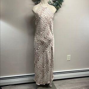 Express Satin Halter Maxi Slip Dress Cheetah Print Asymmetrical Hem High Neck M